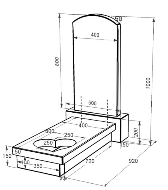 Розміри Гранітна плита на могилу з полірованими фасками одинарна із чорного граніту Коростишів з серцем різьблена робота к11-kor-pf-80-40-05-009