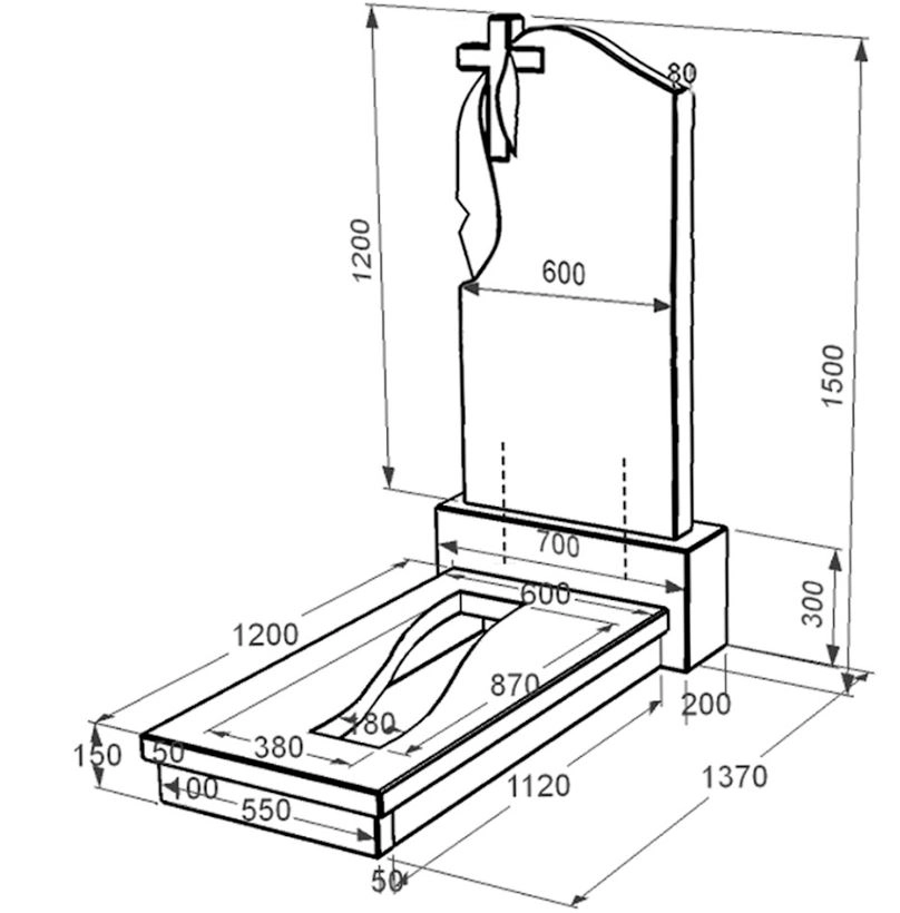 Размеры Гранитная плита на могилу с плащаницей и крестом резная одинарная из черного гранита Коростышев к23-kor-npf-120-60-08-142