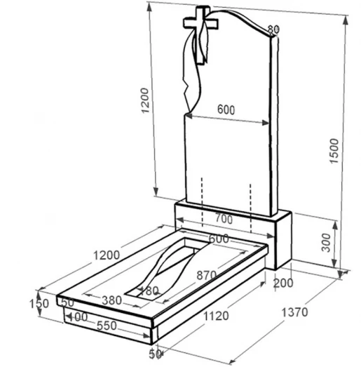 Размеры Гранитная плита на могилу с плащаницей и крестом резная одинарная из черного гранита Коростышев к23-kor-npf-120-60-08-142