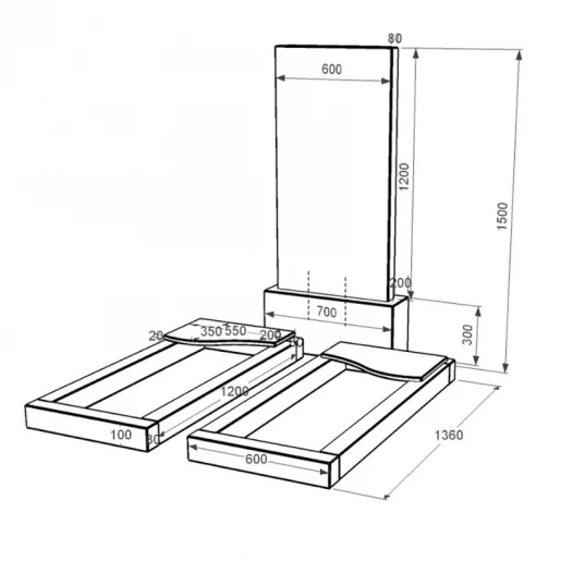 Розміри Надгробок із граніту високий подвійний із чорного граніту Коростишів з хвилею різьблений к16-kor-npf-120-60-08-001