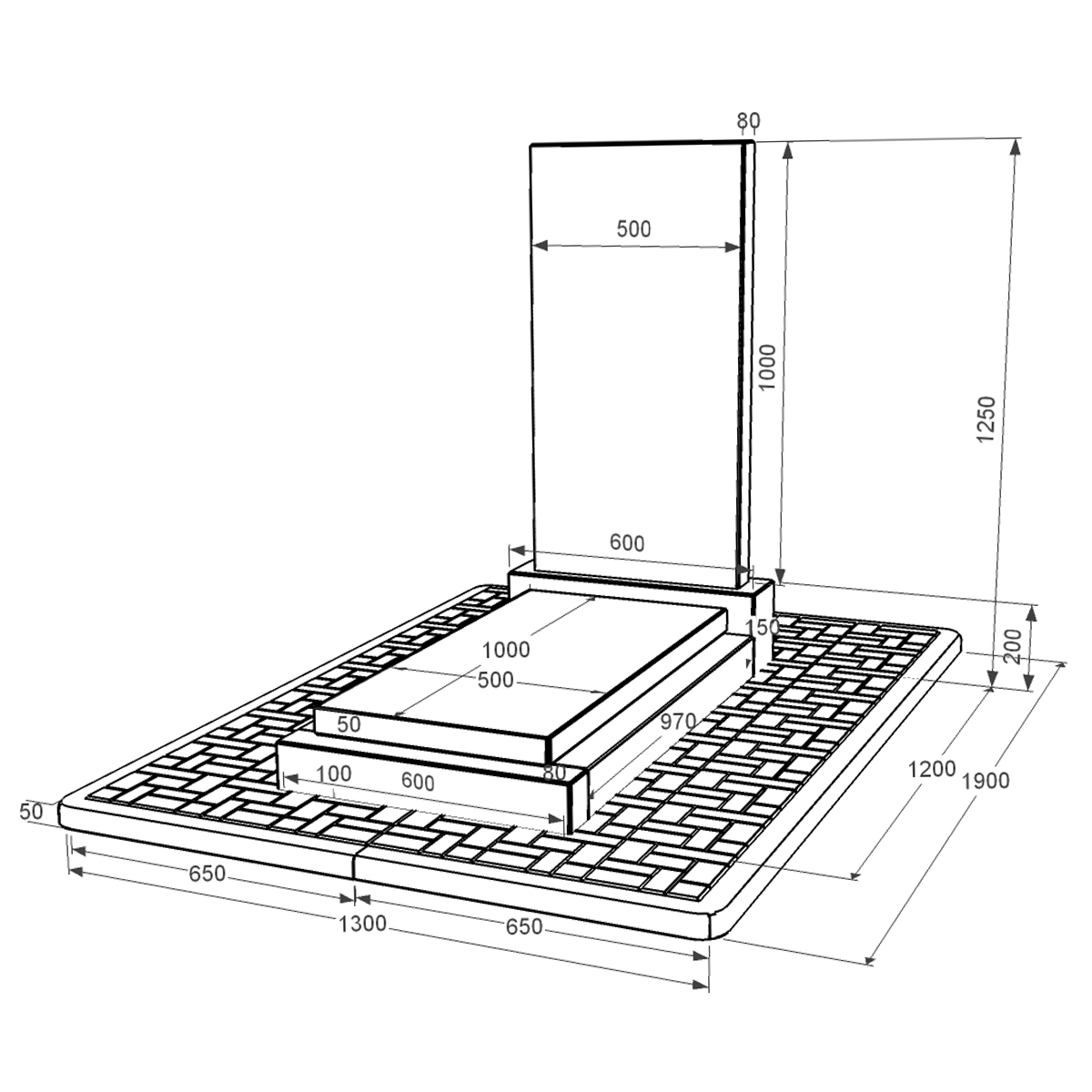 Розміри Пам'ятник на могилу із граніту з гробницею одинарний із чорного граніту Коростишів без різьблених робіт к12-kor-npf-100-50-08-001-pbd3