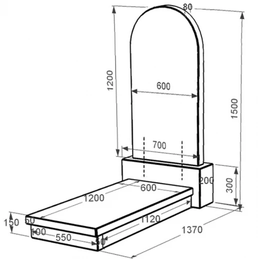 Размеры Гранитный памятник полированные фаски одинарный из черного гранита Коростышев с полукруглой стелой к10-kor-pf-120-60-08-006