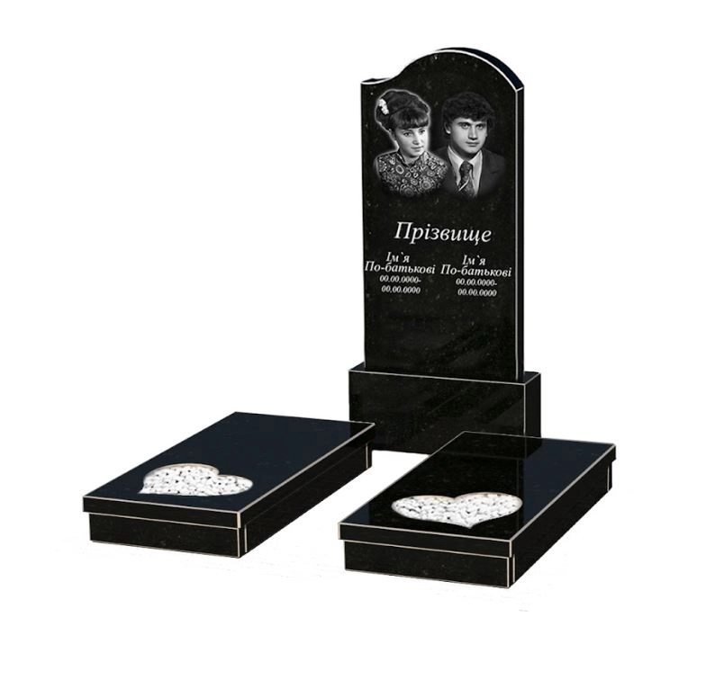 Основне Гранітний пам'ятник з серцем та хввилею різьблена робота подвійні із чорного граніту Коростишів к20-kor-npf-120-60-08-011-r