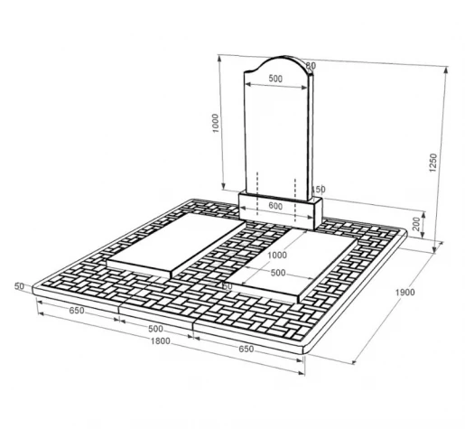 Размеры Гранитная плита на могилу с двумя надгробиями двойная из черного гранита Коростышев с волной резная к17-kor-pf-100-50-08-011-r-pbd2