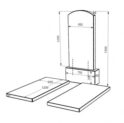 Розміри Пам'ятник із граніту великий подвійний із чорного граніту Коростишів з дугою різьблений к17-kor-pf-120-60-08-009