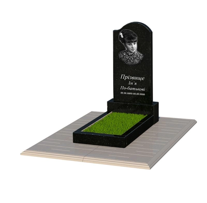 Основное Гранитный памятник с противоусадочной плитой одинарный из черного гранита Коростышев с волной резной к2-kor-pf-80-40-05-011-pbd1