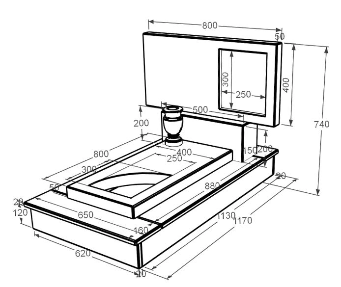 Розміри Мармуровий пам'ятник для дівчини одинарний з білого мармуру Волокас з вирізаним куточком к9-vol-pf-40-80-05-001-ck