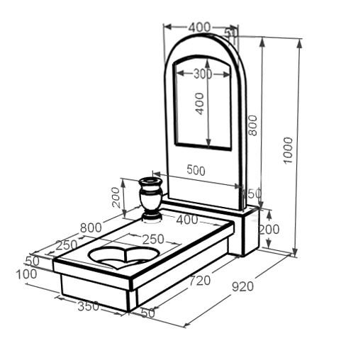 Розміри Мармуровий пам'ятник для доньки одинарний з білого мармуру Волокас з серцем різьблена робота з полукруглою стелою к11-vol-pf-80-40-05-006