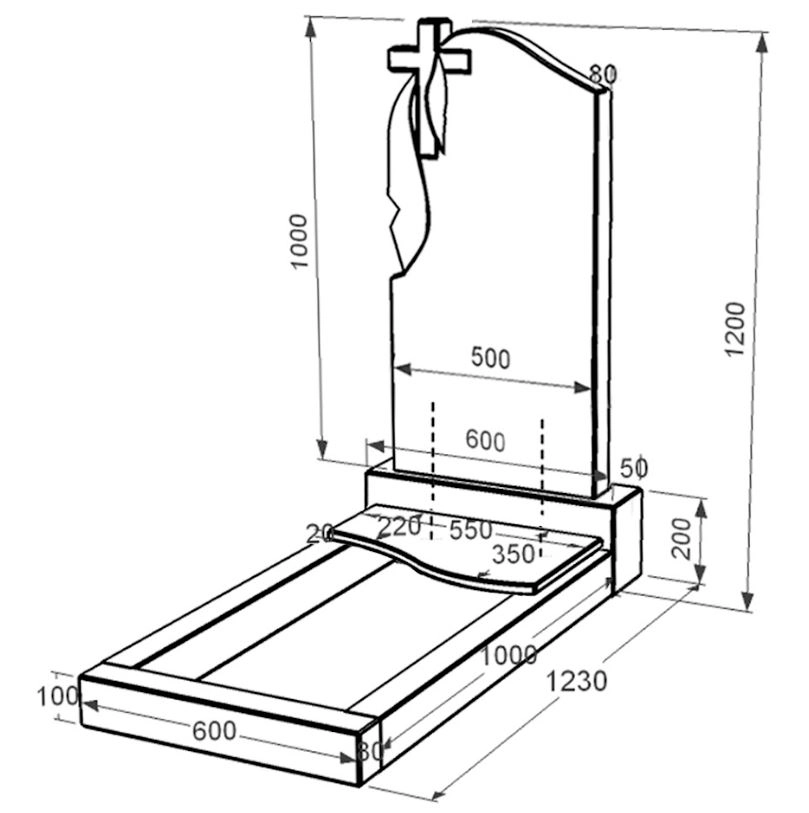 Розміри Пам'ятник із граніту з формою хвилі одинарний із чорного граніту Коростишів к5-kor-pf-100-50-08-142
