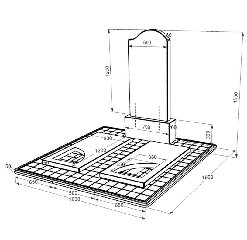 Размеры Гранитный памятник с надгробной плитой двойной из черного гранита Коростышев с вырезанным уголком к18-kor-pf-120-60-08-011-r-pbd3