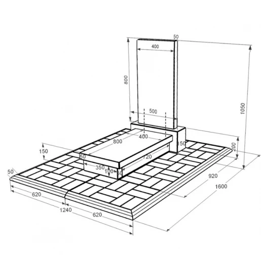 Размеры Гранитный памятник с бетонной плитой одинарный из черного гранита Коростышев без резных работ к10-kor-npf-80-40-05-001-pbd1