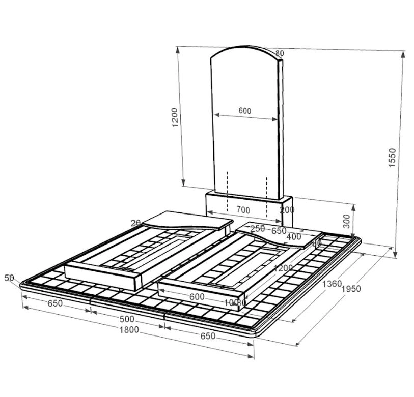 Розміри Гранітний пам'ятник на цвинтарі шириною 70 см подвійний з хвилею різьбленою з чорного граніту Коростишів Дуга 009 к15-kor-npf-120-60-08-009-pbd3