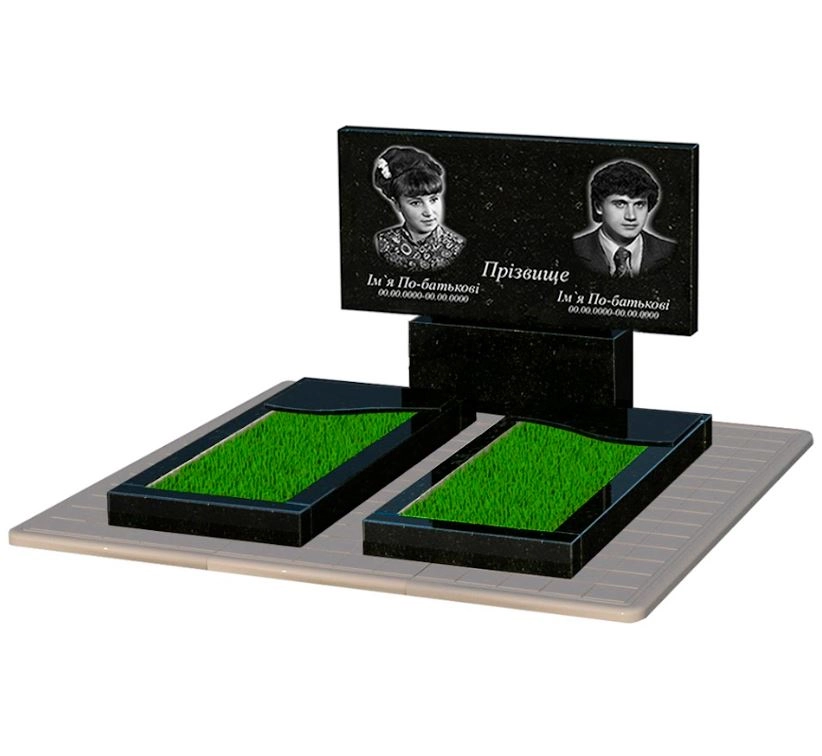 Основне Пам'ятник із граніту горизонтальний подвійний із чорного граніту Коростишів з хвилею різьблений к16-kor-pf-60-120-08-001-pbd3