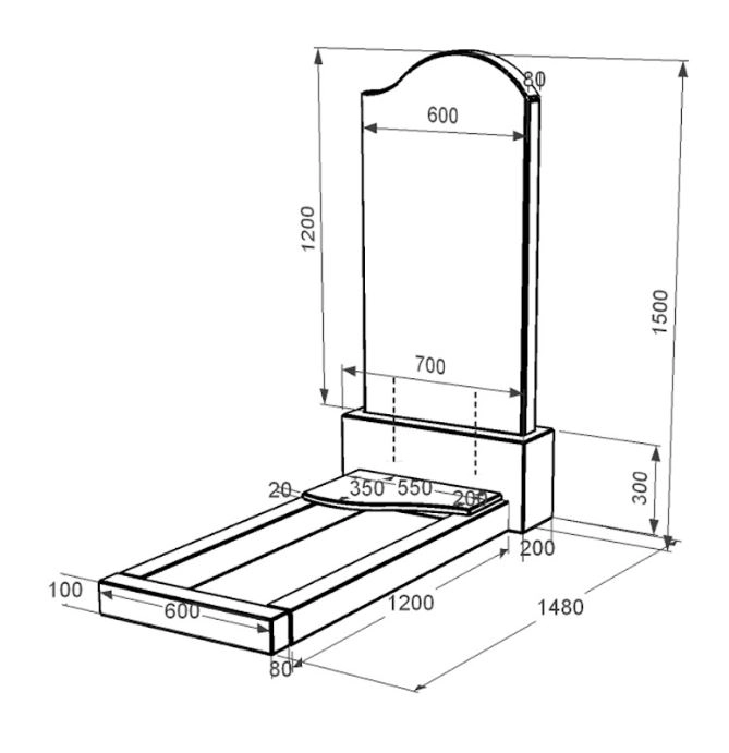 Розміри Надгробок із граніту з декоруванням штучним газаном одинарне із чорного граніту Коростишів з хвилею різьблене к4-kor-npf-120-60-08-011-r