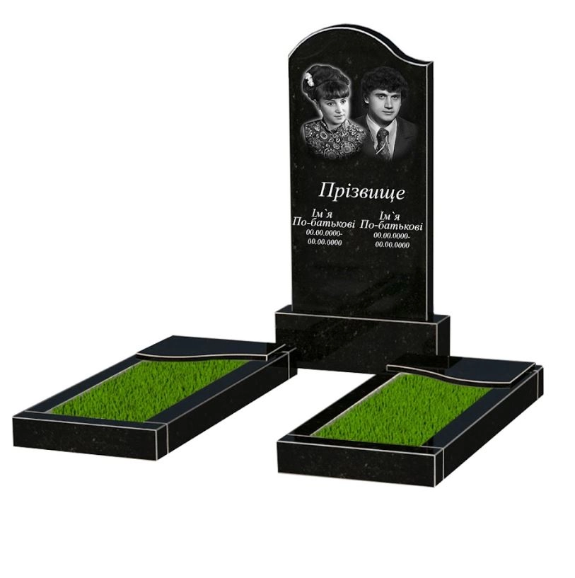 Основне Гранітний пам'ятник сімейні подвійний із чорного граніту Коростишів з хвилею різьблений к16-kor-npf-100-50-08-011