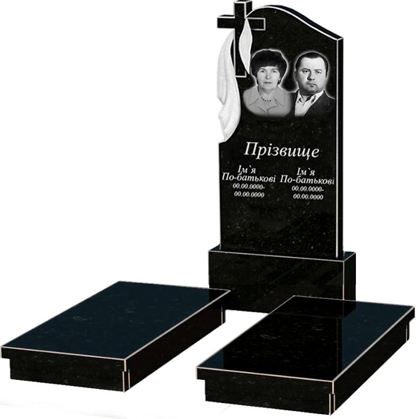 Основное Памятник из гранита с плащаницей и крестом резной двойной из черного гранита Коростышев к19-kor-npf-120-60-08-142