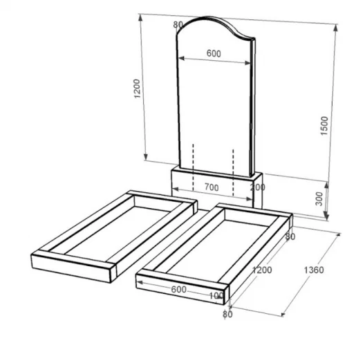 Розміри Гранітний пам'ятник великий подвійний із чорного граніту Коростишів з хвилею різьблений к14-kor-pf-120-60-08-011-l