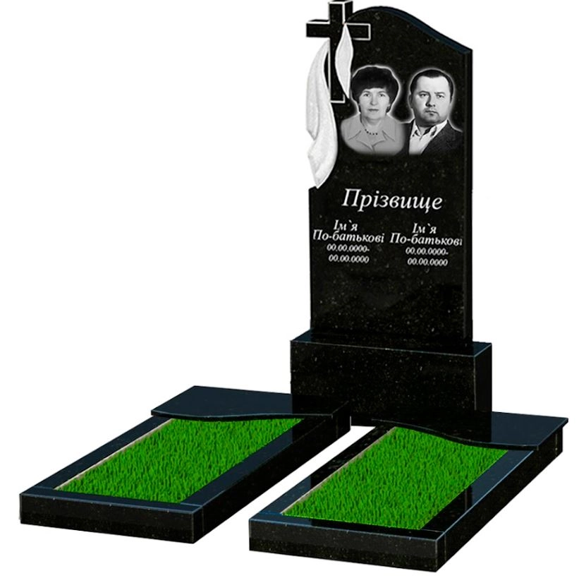 Основне Пам'ятник із граніту для подружжя подвійний із чорного граніту Коростишів з хвилею різьблений к15-kor-pf-120-60-08-142