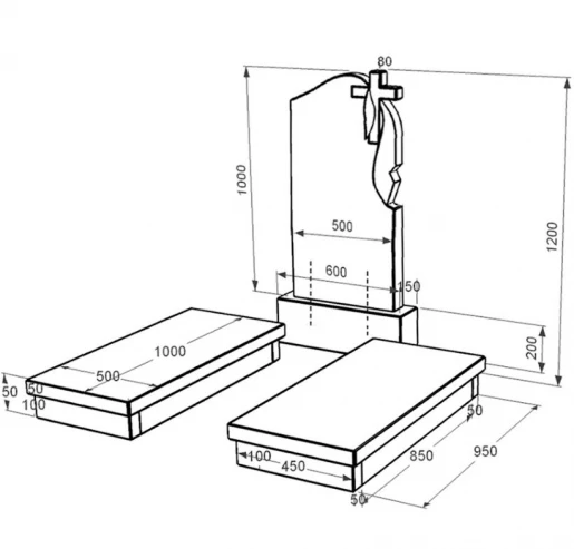 Размеры Двойной гранитный могильный памятник из черного гранита Коростышев с крестом и плащаницей резной к19-kor-pf-100-50-08-142-r