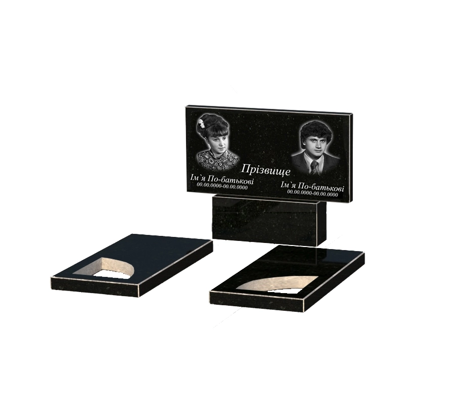 Без декору Гранітний пам'ятник із неполірованими фасками подвійний із чорного граніту Коростишів з вирізаним куточком к18-kor-npf-40-80-05-001