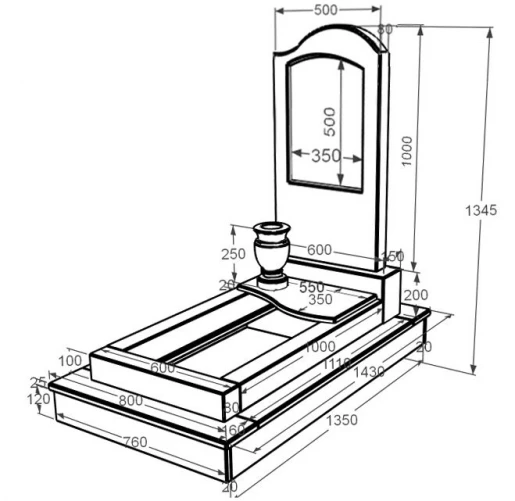 Розміри Мармуровий могильний пам'ятник вертикальний одинарний з білого мармуру Волокас з хвилею різьблений к5-vol-pf-100-50-08-011-r-ck