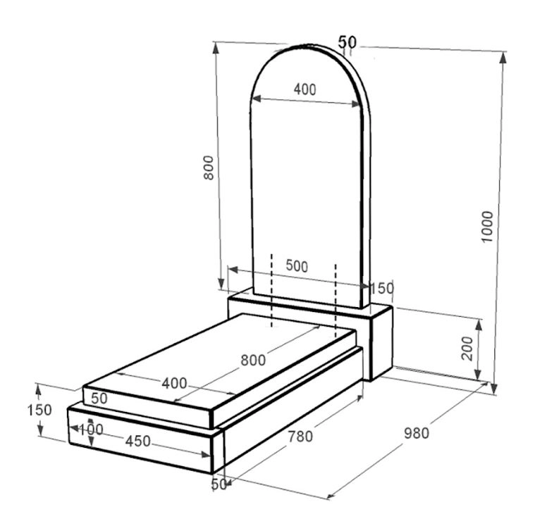 Розміри Надгробок із граніту з полукруглою стелою одинарний із чорного граніту Коростишів к12-kor-pf-80-40-05-006