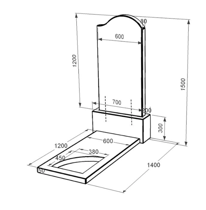 Размеры Одинарное надгробие из гранита из черного гранита Коростышев с вырезанным уголком к9-kor-pf-120-60-08-011-r