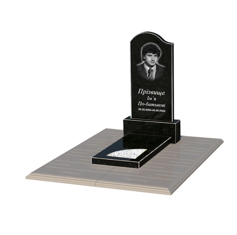 Основне Гранітний камінь на могилу синові одинарний із чорного граніту Коростишів з вирізаним куточком к9-kor-npf-80-40-05-011-l-pbd1
