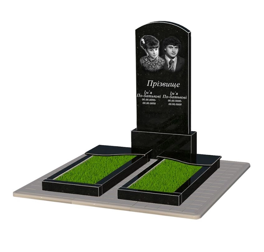 Основне Гранітний пам'ятник на цвинтарі шириною 70 см подвійний з хвилею різьбленою з чорного граніту Коростишів Дуга 009 к15-kor-npf-120-60-08-009-pbd3