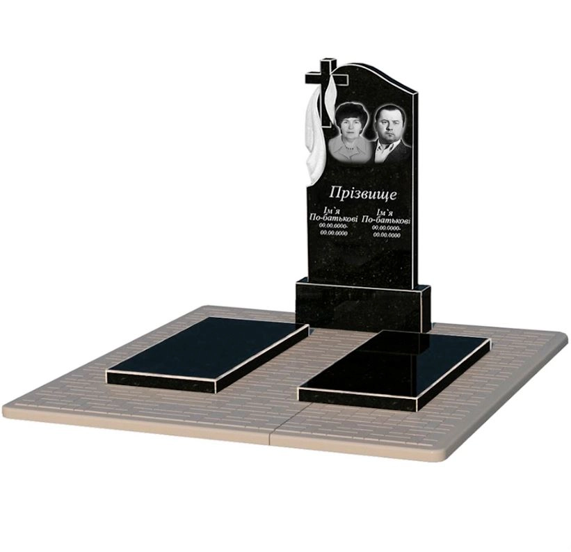 Основне Гранітний пам'ятник з плащаницею різьблений подвійний із чорного граніту Коростишів з хрестом різьблений к17-kor-npf-100-50-08-142-pbd2