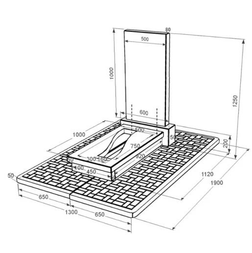 Размеры Гранит надгробие с декорированием белой галькой одинарное из черного гранита Коростышев с вырезанной полосой к23-kor-npf-100-50-08-001-pbd2