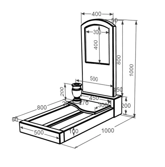 Розміри Мармуровий пам'ятник з дугою різьблений одинарний з білого мармуру Волокас з хвилею різьблений к5-vol-pf-80-40-05-009