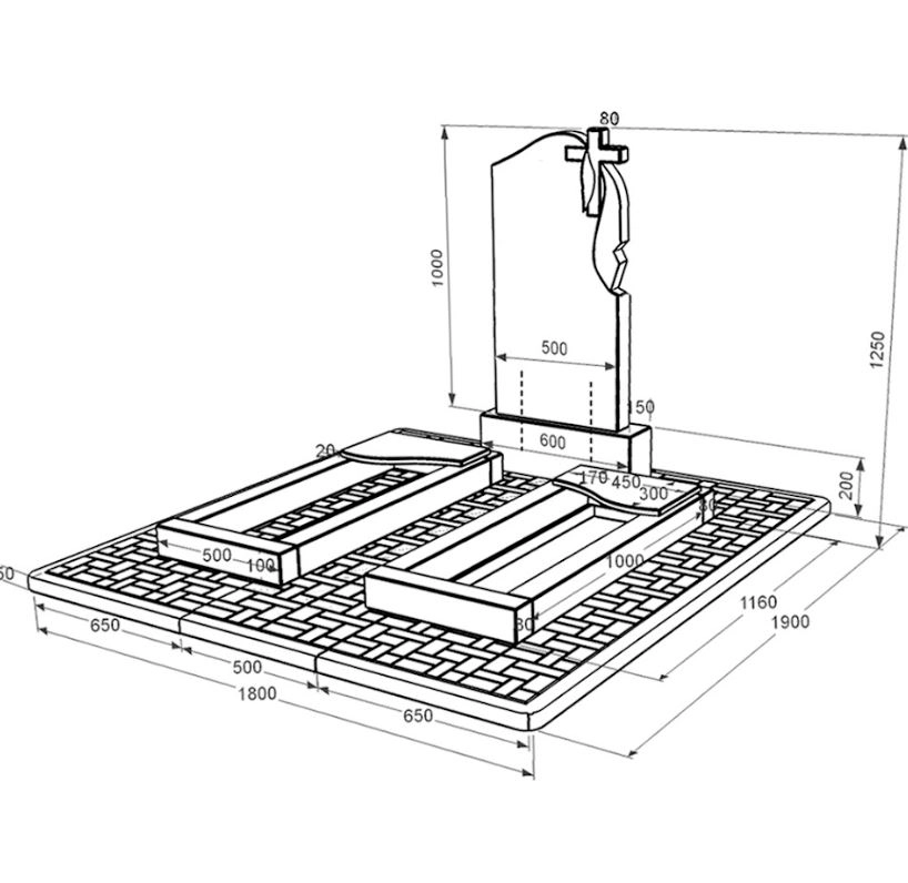 Розміри Гранітний пам'ятник для родини подвійний із чорного граніту Коростишів з хвилею різьблений к16-kor-npf-100-50-08-142-r-pbd2
