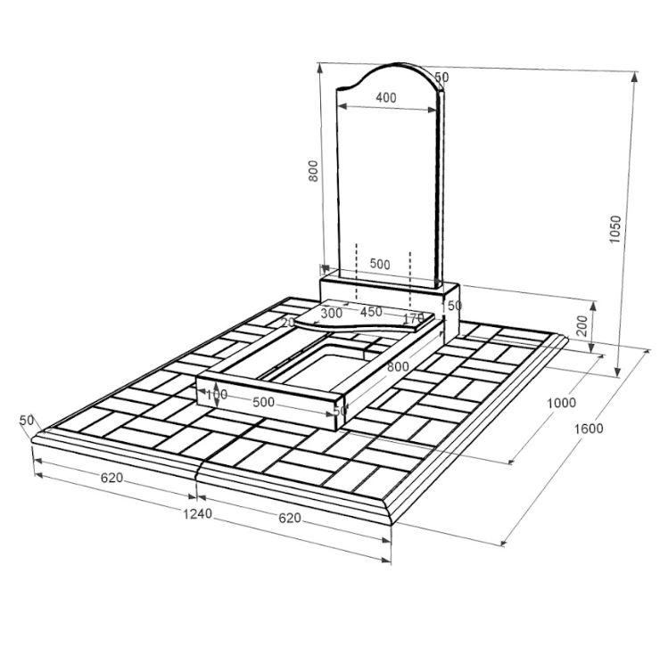 Размеры Памятник на кладбище из гранита с противоусадочной плитой одинарный из черного гранита Коростышев с волной резной к5-kor-pf-80-40-05-011-r-pbd1
