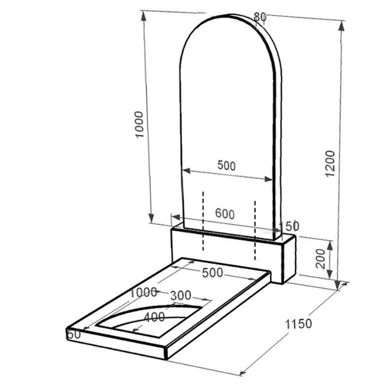 Розміри Гранітний пам'ятник з вирізаним куточком одинарний із чорного граніту Коростишів к9-kor-pf-100-50-08-006