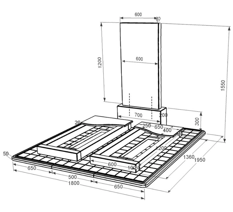 Розміри Гранітний пам'ятник габро подвійний із чорного граніту Коростишів з хвилею різьблений к15-kor-npf-120-60-08-001-pbd3