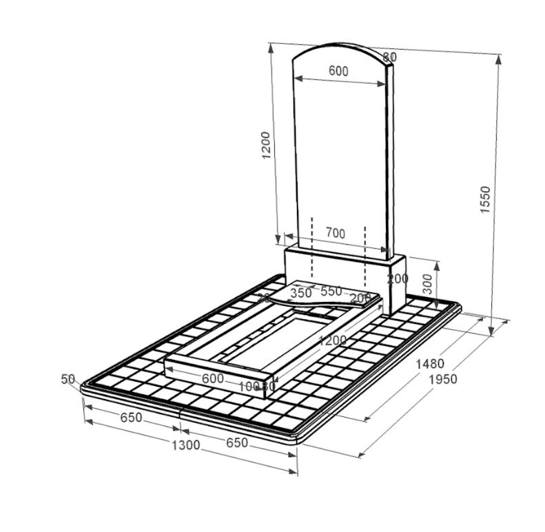 Розміри Гранітний пам'ятник довжиною 148 см одинарний з хвилею різьблений із чорного граніту Коростишів Дуга 009 к4-kor-pf-120-60-08-009-pbd3
