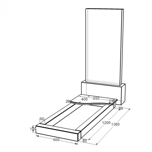 Размеры Цветник на могилу длиной 136 см 1360x600x100 из гранита серия Базис с полированными фасками Коростышевского карьера cv-kor-pf-1360-600-4-volna-1-np
