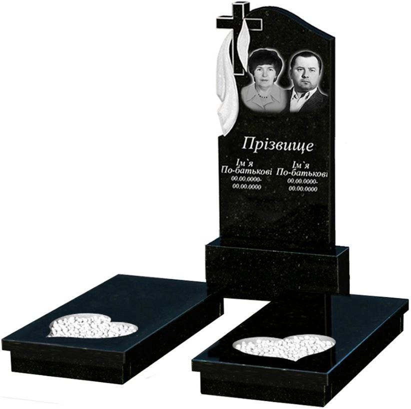 Основне Пам'ятник із граніту на кладовище подвійний із чорного граніту Коростишів з серцем різьблена робота к20-kor-pf-120-60-08-142