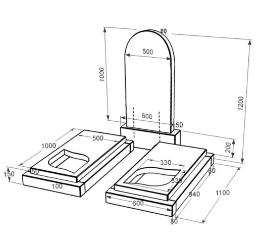 Размеры Надгробие на могилу из гранита полукруглый двойной из черного гранита Коростышев с листом резная работа к22-kor-npf-100-50-08-006