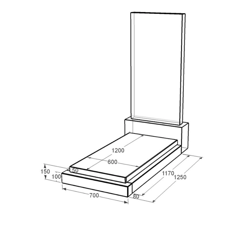 Размеры Гробничка на могилу большая 1250x700x150 из гранита с неполированными фасками Коростышевского карьера серия Базис gr-kor-npf-1250-700-Bazys-3-st