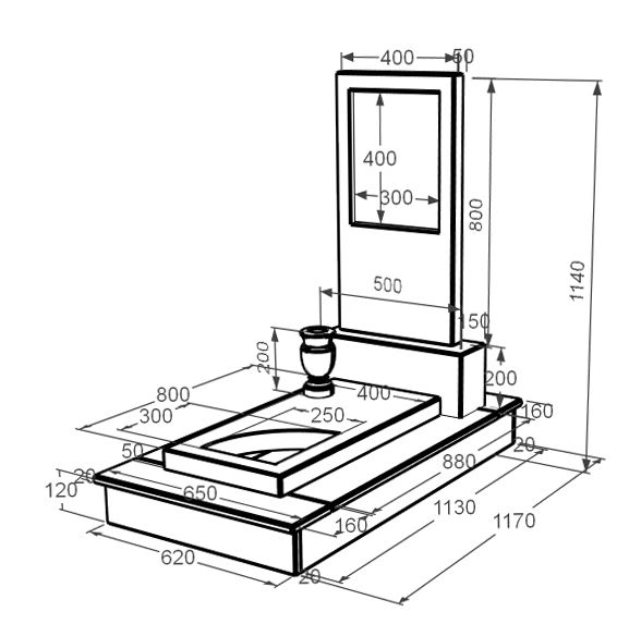 Розміри Пам'ятник із мармуру прямокутний одинарний з білого мармуру Волокас з вирізаним куточком к9-vol-pf-80-40-05-001-ck