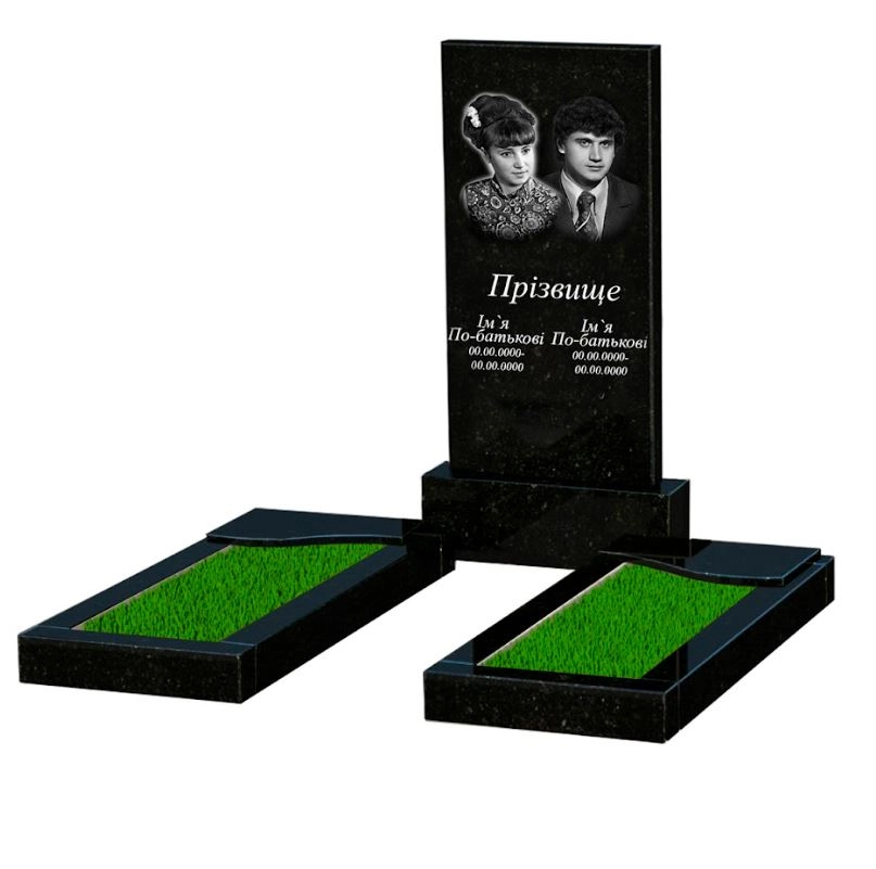 Основне Пам'ятник із граніту сімейний подвійний із чорного граніту Коростишів з хвилею різьблений к16-kor-pf-100-50-08-001