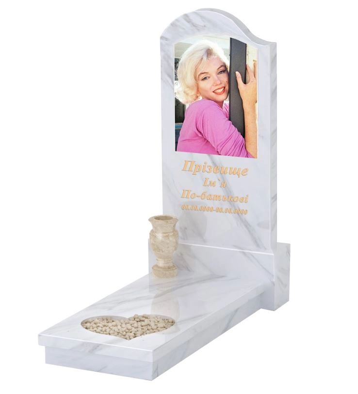 Основне Мармуровий надгробок від виробника Україна одинарний з білого мармуру Волокас з серцем різьблена робота к11-vol-pf-120-60-08-011-l