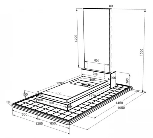 Размеры Гранитный камень на могилу с вырезанным флагом одинарный из черного гранита Коростышев к6-kor-pf-120-60-08-001-pbd3