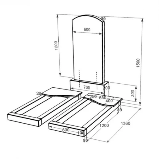 Размеры Надгробие из гранита с формой волны 1500x700x1360 двойное из черного гранита Коростышевского карьера серия Дуга 009 к15-kor-pf-120-60-08-009
