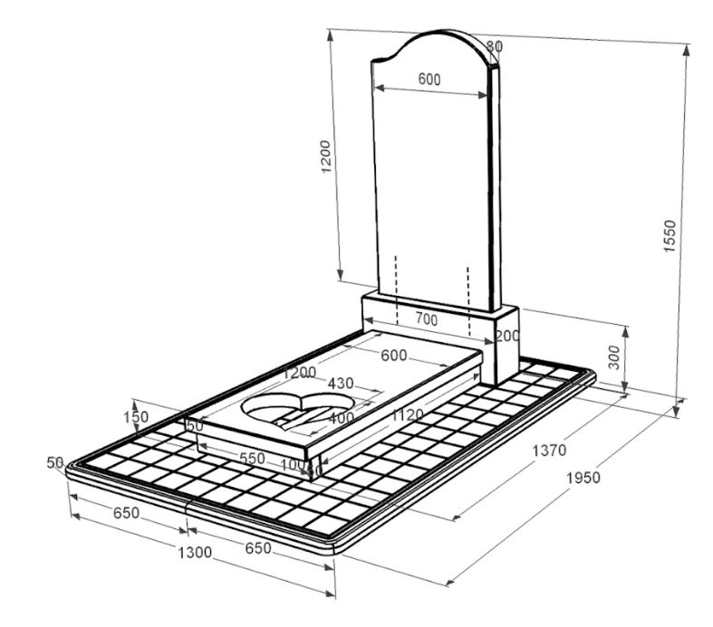 Розміри Пам'ятник із граніту з серцем різьблена робота одинарний із чорного граніту Коростишів к11-kor-pf-120-60-08-011-r-pbd3