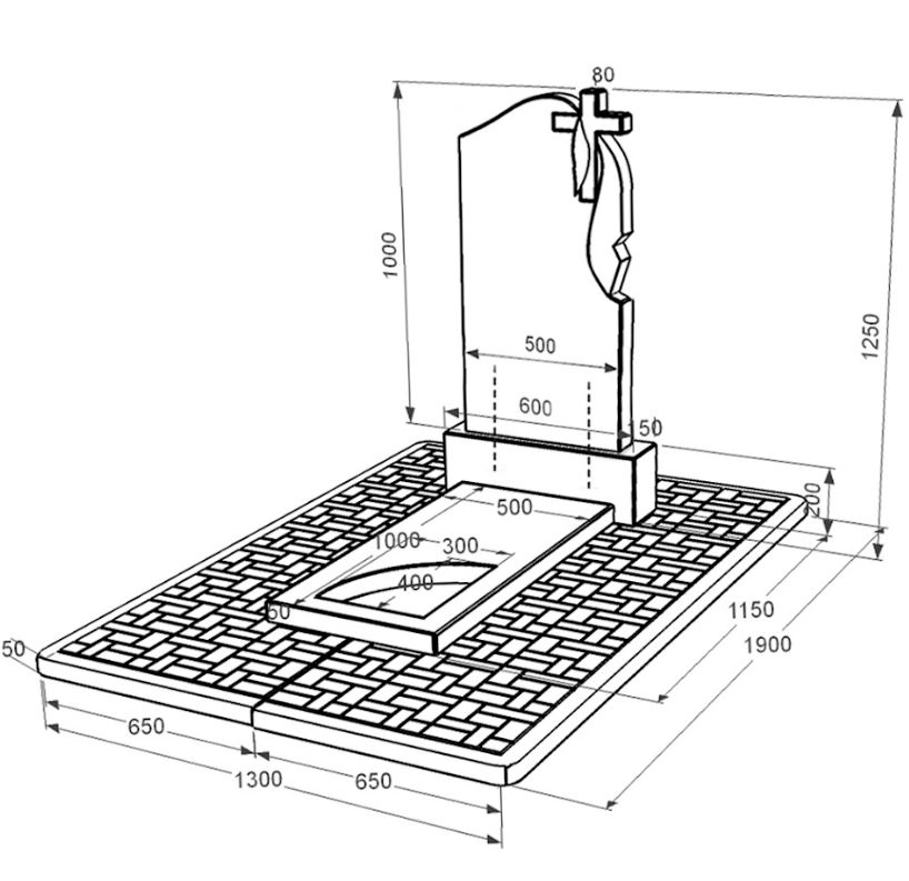 Розміри Гранітний пам'ятник з вирізаним куточком одинарний із чорного граніту Коростишів к9-kor-pf-100-50-08-142-r-pbd2