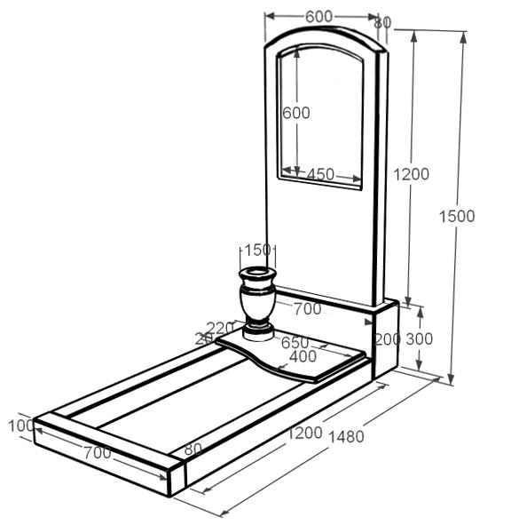 Розміри Мармуровий пам'ятник дугоподібний одинарний з білого мармуру Волокас з хвилею різьблений к5-vol-pf-120-60-08-009