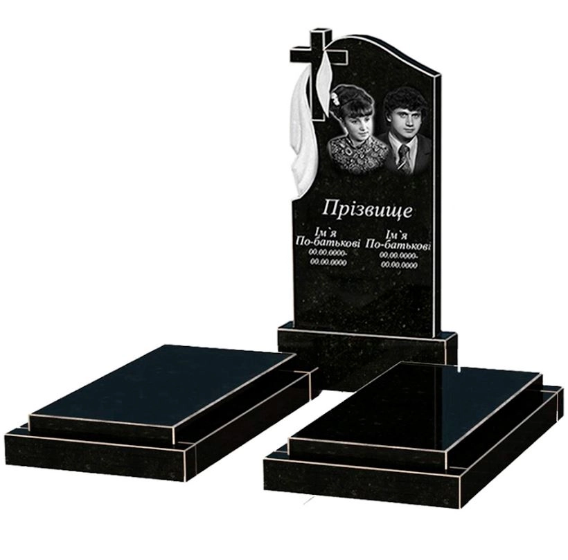 Основне Гранітний пам'ятник з плащаницею різьблений подвійний із чорного граніту Коростишів з хрестом різьблений к21-kor-npf-100-50-08-142